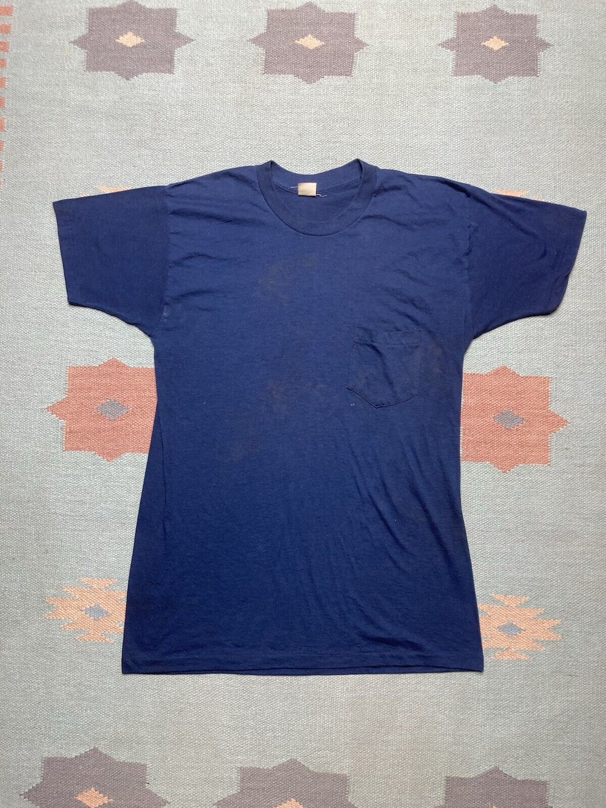 Vintage Vtg 70s Pocket T Shirt Blank Dark Navy Blue Soft Adult Xl