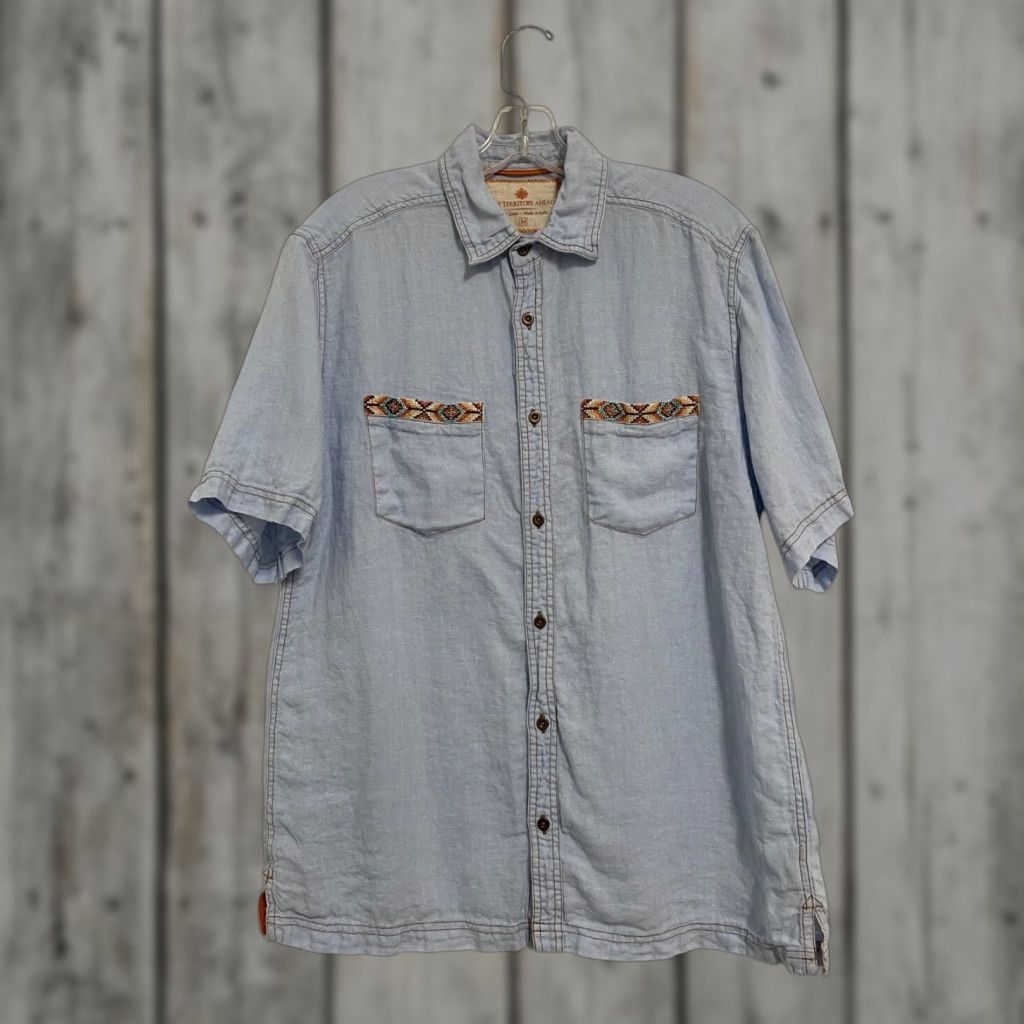 Territory Ahead The Territory Ahead Blue Linen Shirt Aztec Beaded Embroidered Short Sleeve Med