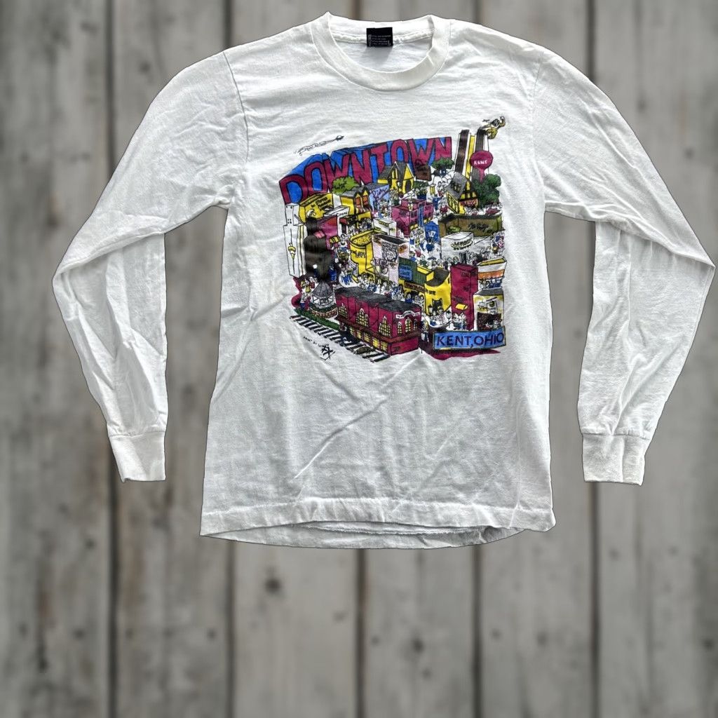 Vintage Screen Stars Best Kent Ohio Shirt Mens M White Long Sleeve Crew Neck 90s Graphic Pri
