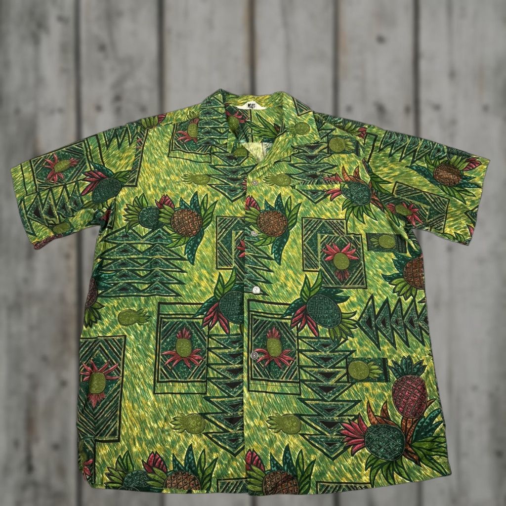 Vintage Reef Shirt Men L Green Hawaiian Loop Collar Pineapple Camp Beach 60s