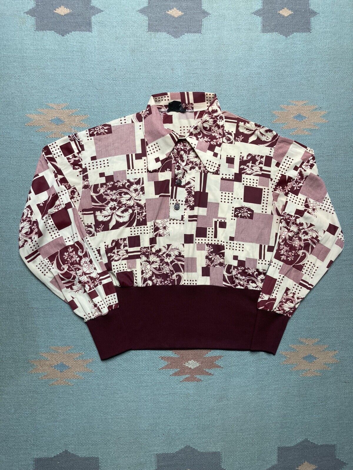 Vintage 70s Gaucho Shirt Floral Flowers Pullover Butterfly Collar L