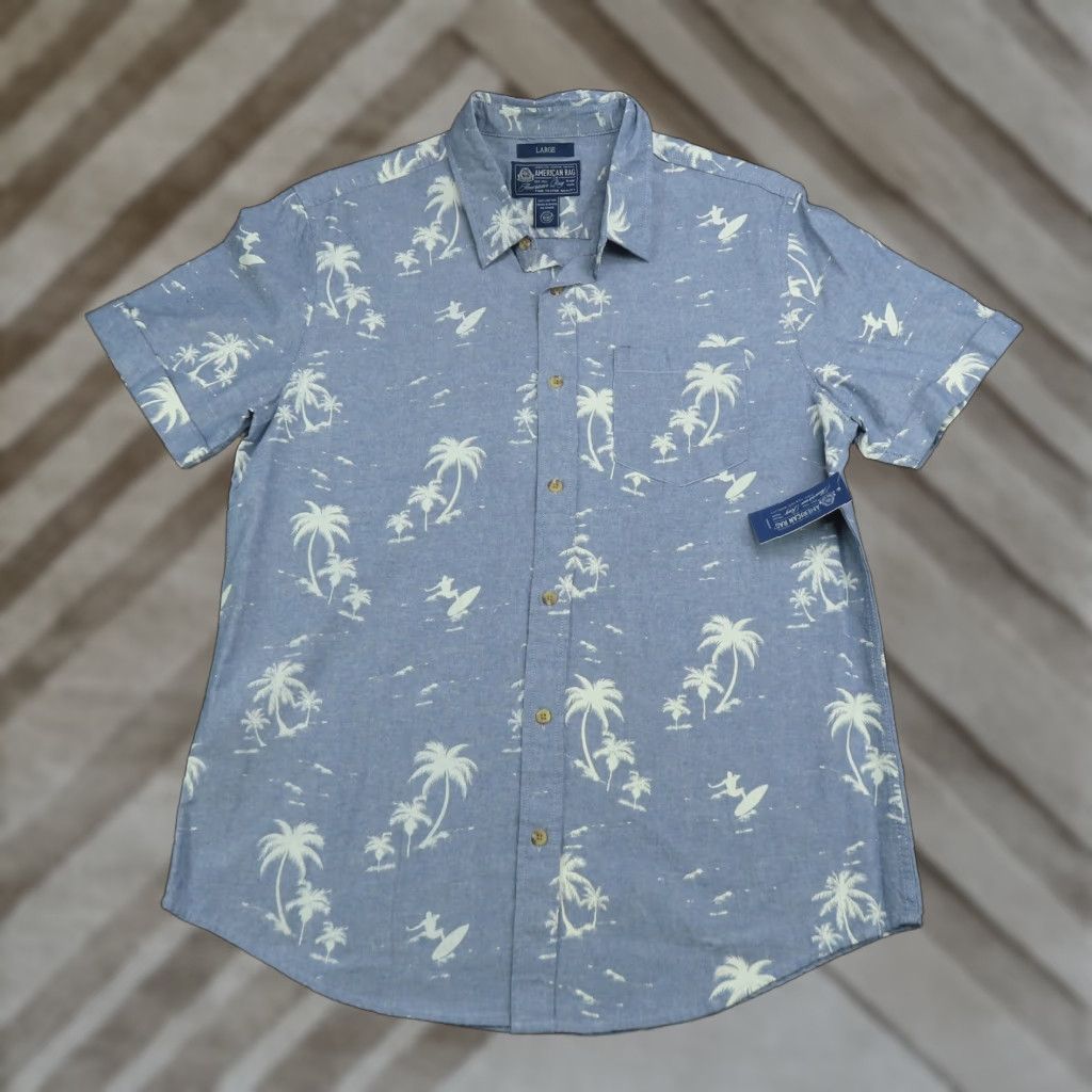 Vintage American Rag Shirt Mens Large Blue Palm Tree Surfer Print Short Sleeve Casual Beach