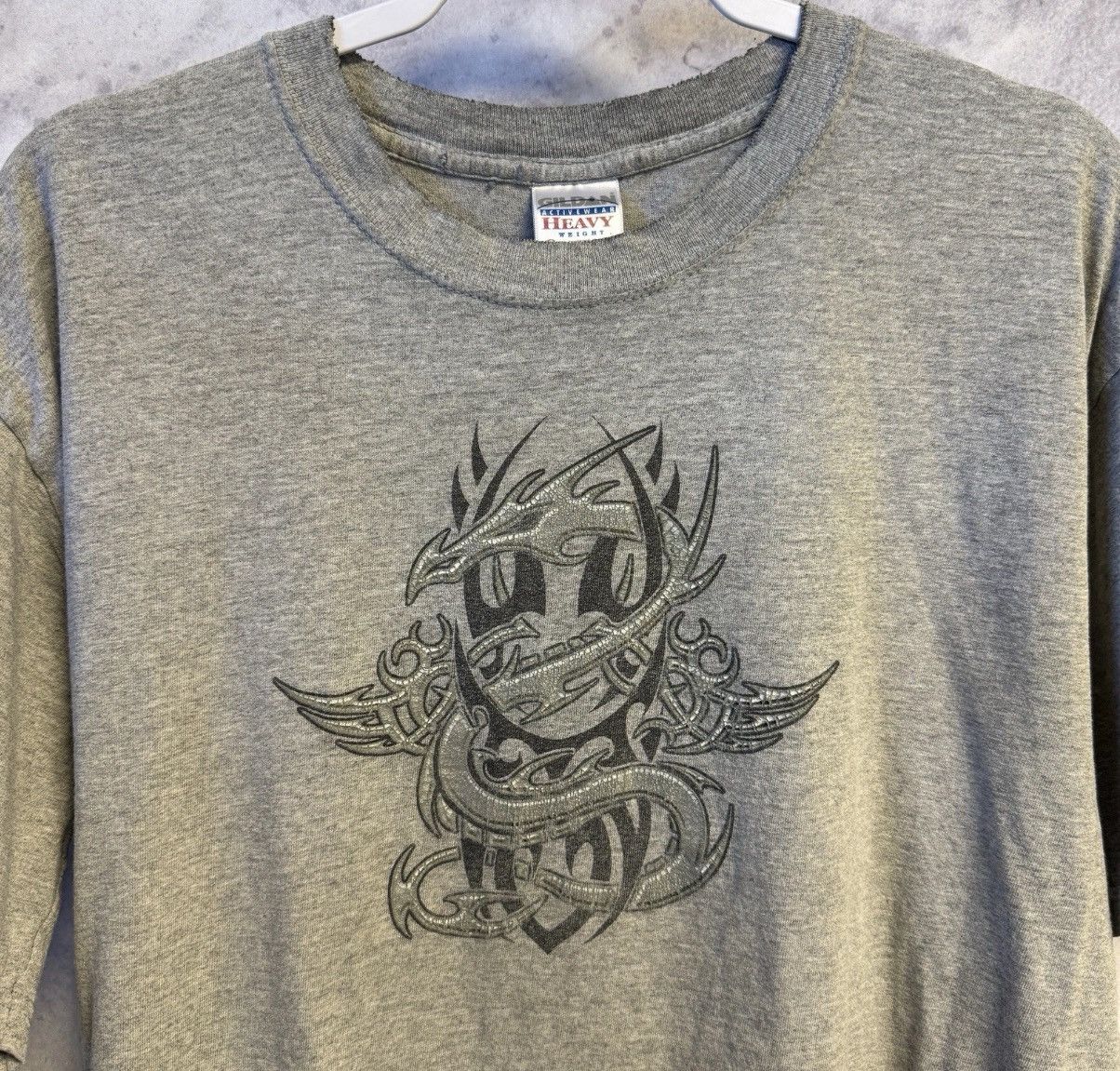 Vintage Y2k Dragon Tribal T Shirt Mens Large Gray Short Slee