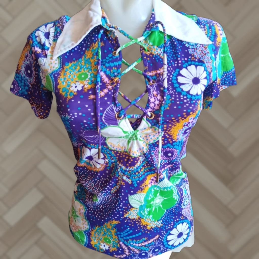 Mod Vintage Small Women S Top 1960s Psychedelic Lace Up Bodice Stretch Groovy Mod Size S Pur