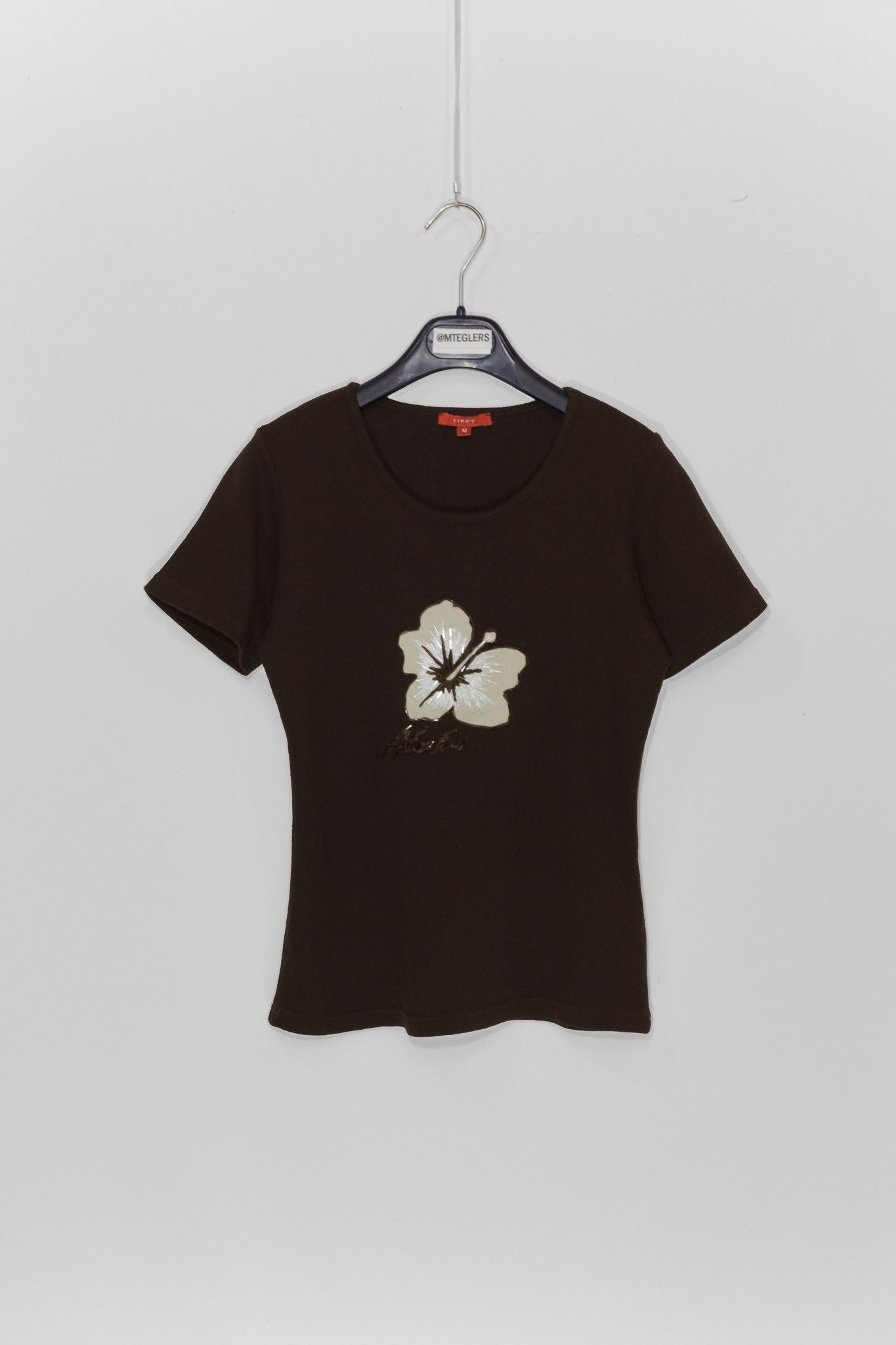 Vintage Tippy Brown Embellished Flower T Shirt With Short Sleeves Size Xs 42