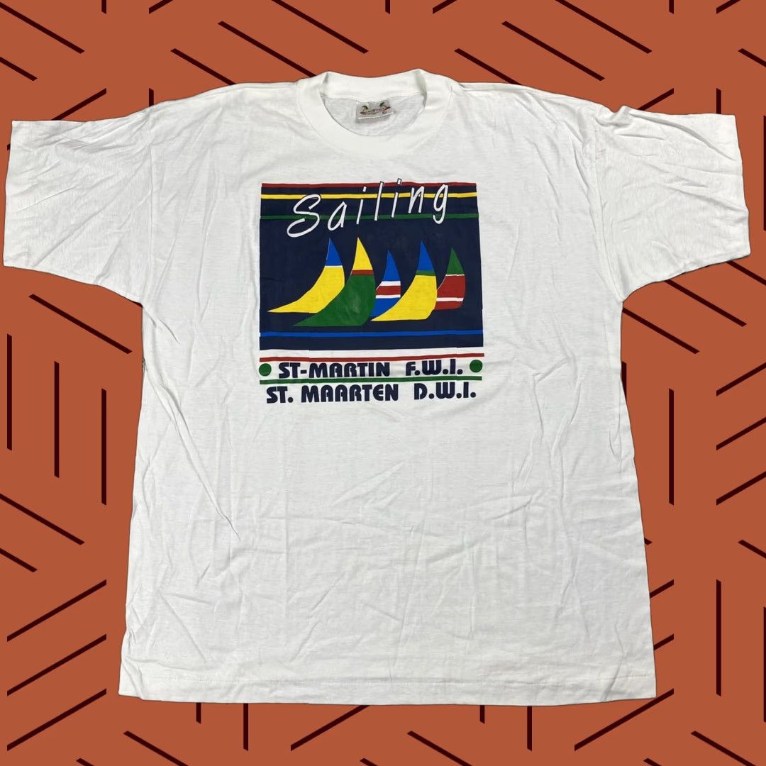 Vintage St Maarten Sailboat West Indies T Shirt Xl White Cotton Crew Neck 1990s Nautical Boa