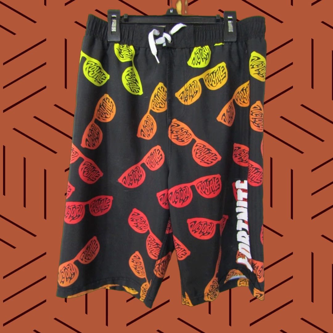 Vintage Fortnite Victor Royale Polyester Black Youth Swim Trunks Boys Xl 14 16