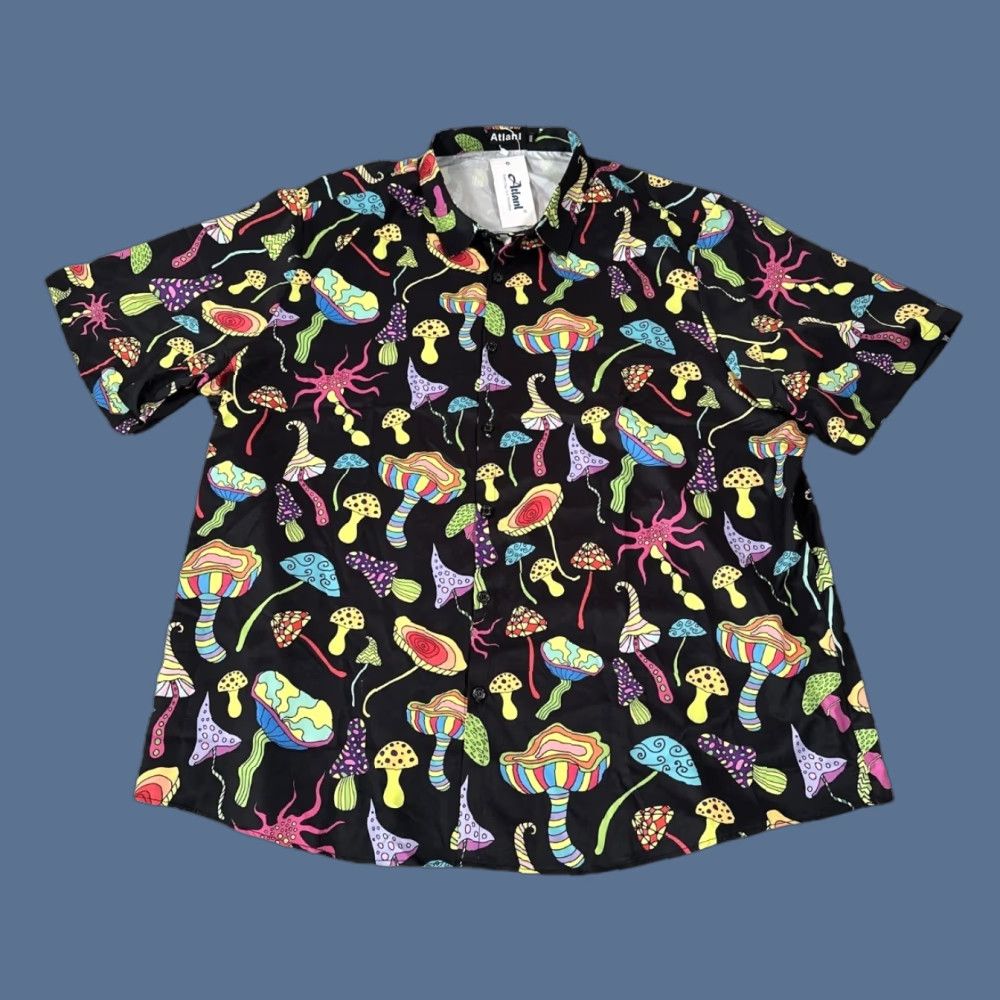 Vintage Mushroom Print Shirt Mens 3xl Black Multicolor Psychedelic Neon Art Glow Party Light