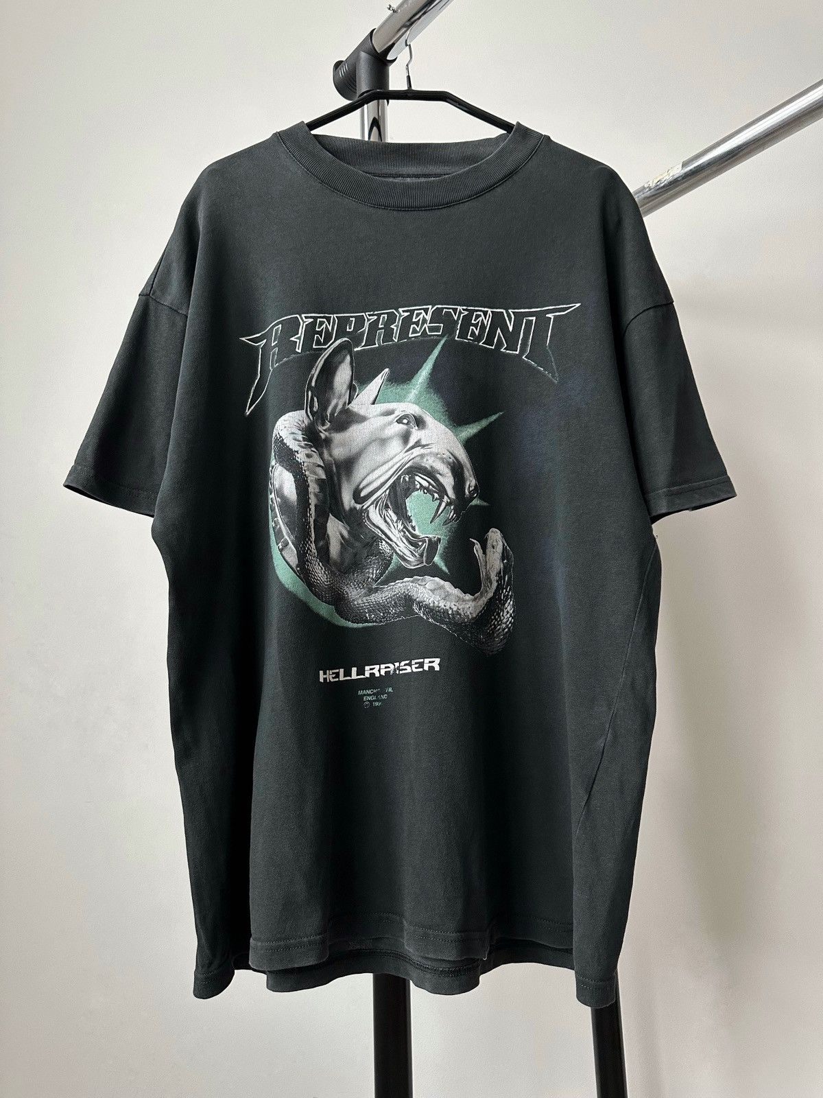 Clo Represent Hellraiser Dog Snake Print Logo Faded Grey T Shirt