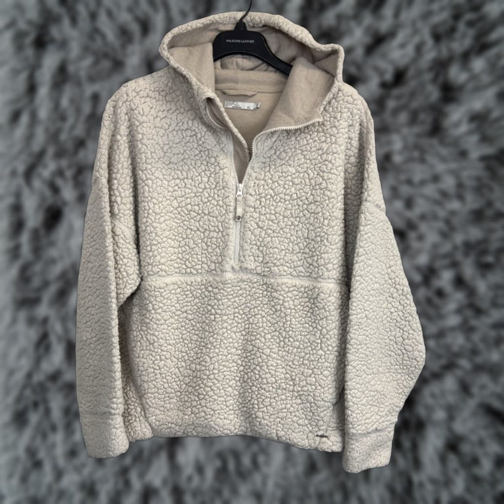 Prana Permafrost Half Zip Teddy Fleece Hoodie Womens Xl Beige 1 2 Zip Lined Cozy