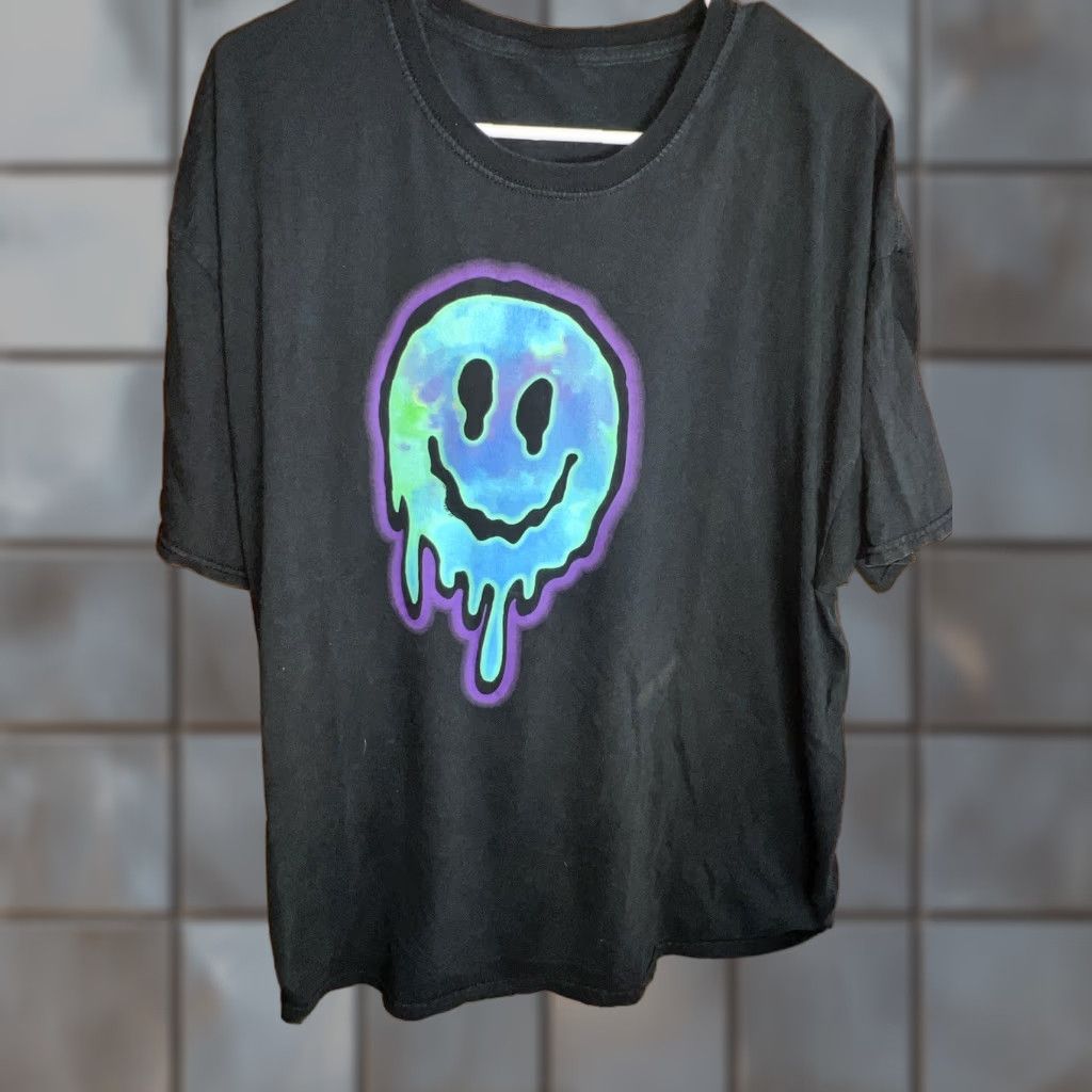 Vintage Retro Trippy The Dye Smile Themed T Shirt Black Xxl Men Short Sleeve Crew Neck Cotto