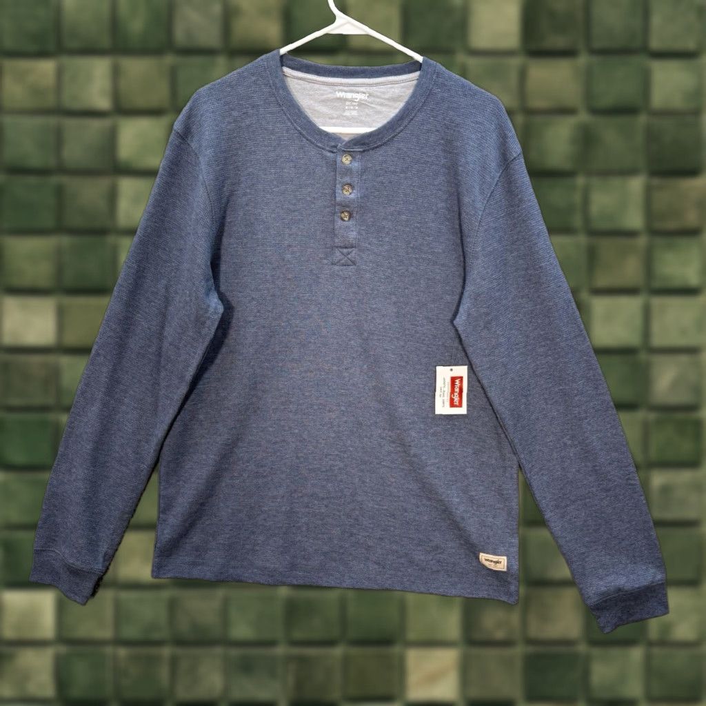 Wrangler Shirt Adult Medium Blue Henley Waffle Knit Thermal Workwear Chore Barn Mens