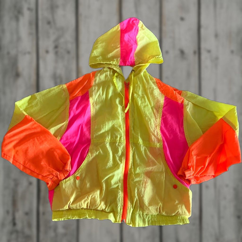 Pinko Vintage Neon Windbreaker Kids Girls Size 14 Youth Child Short Zip Hooded Multicolor 1980s Fall