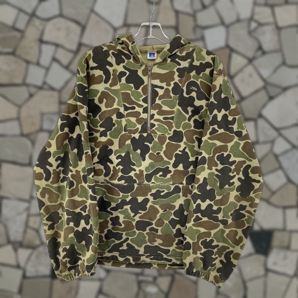 Athletic Vintage Russell Athletics Men S Sweatshirt 1 4 Zip Hooded Size Camo Green Brown