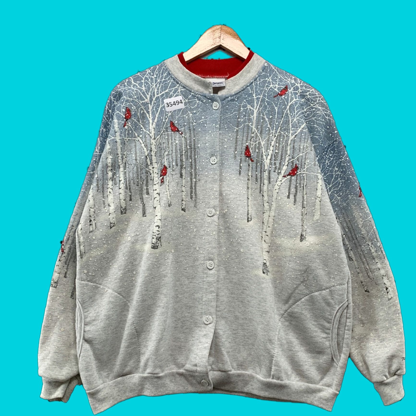 Vintage Artisans Cardigan Sweatshirt Womens Large Cardinal Winter Snow Aop Bird 22 5x26