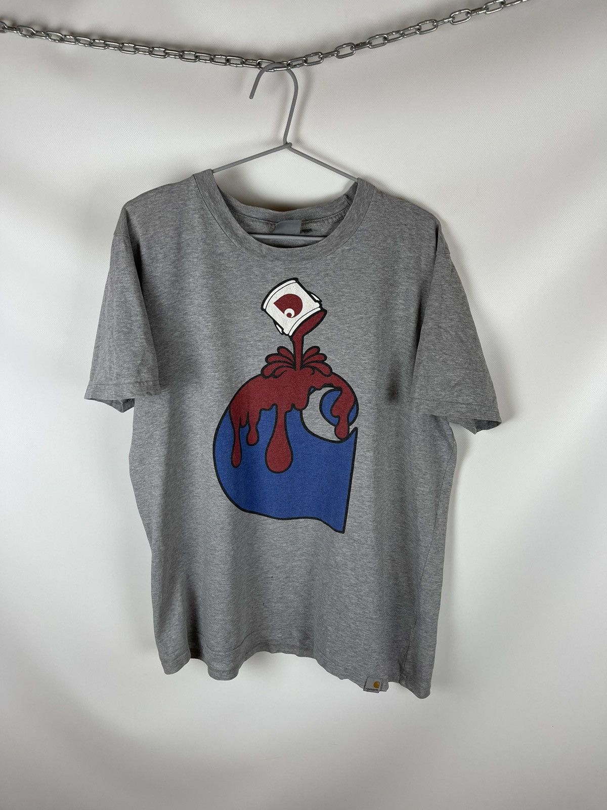 Carhartt Vintage Grey Big Logo Used Holes Tee Shirt