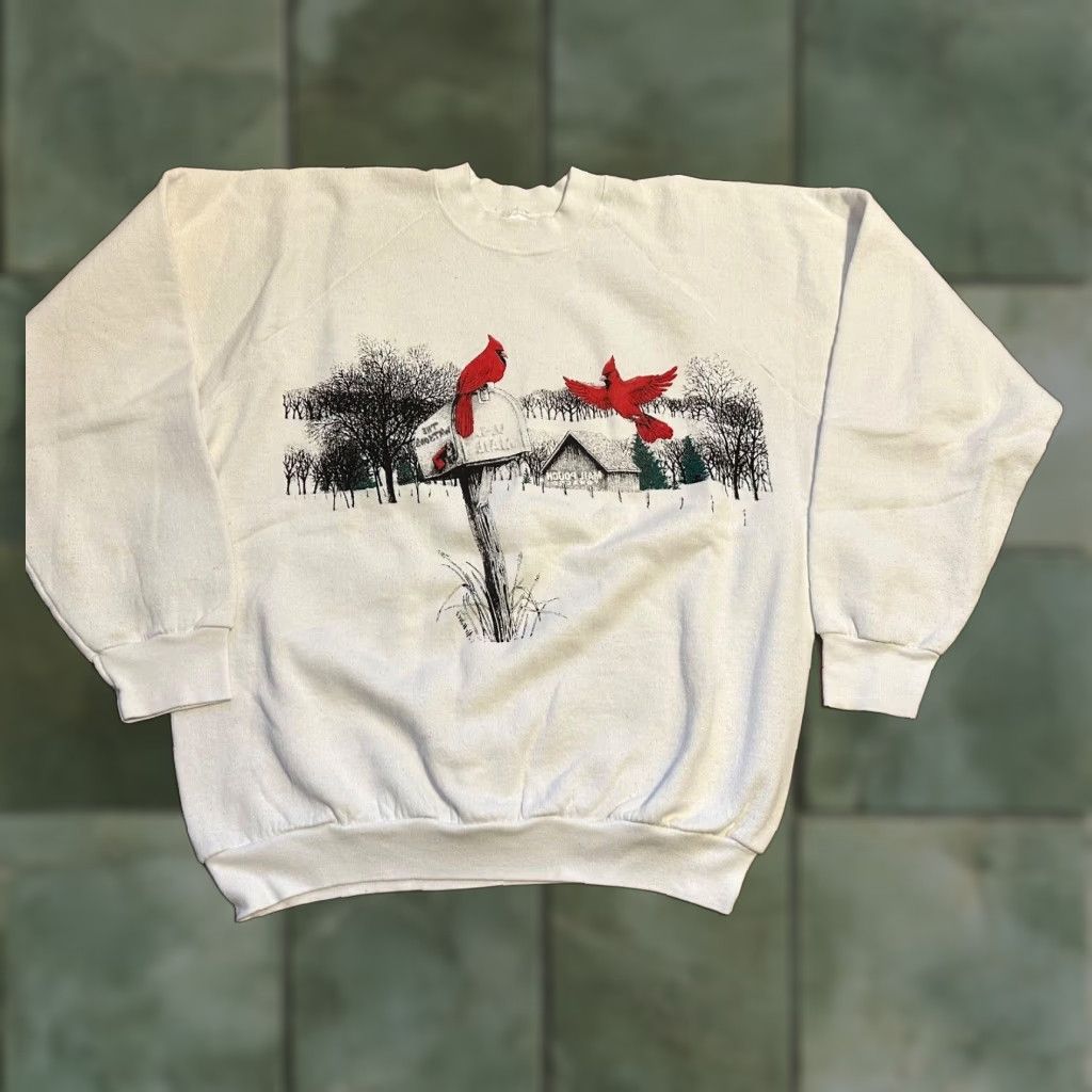 Fruit Of The Loom Vintage 90s Fruit Of The Loom Cardinals Mailbox Barn Winter Scene Sweatshirt Xl Wh T-Shirts, Hoodie