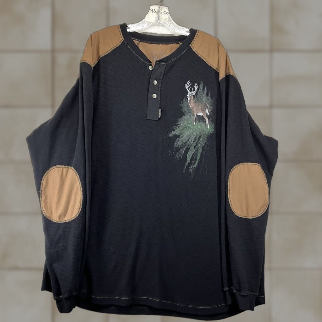 Vintage Legendary Shirt Mens Henley Thermal Shoulder Elbow Patch Whitetail Deer 3xl Black Co Hoodie, Sweatshirt