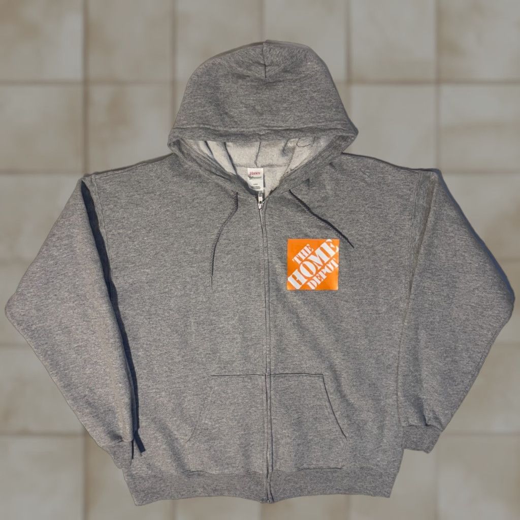 Hanes Hoodie Men L Gray Zip Up Hooded Full Zip Work Uniform Embroidered Logo Pockets Athletic