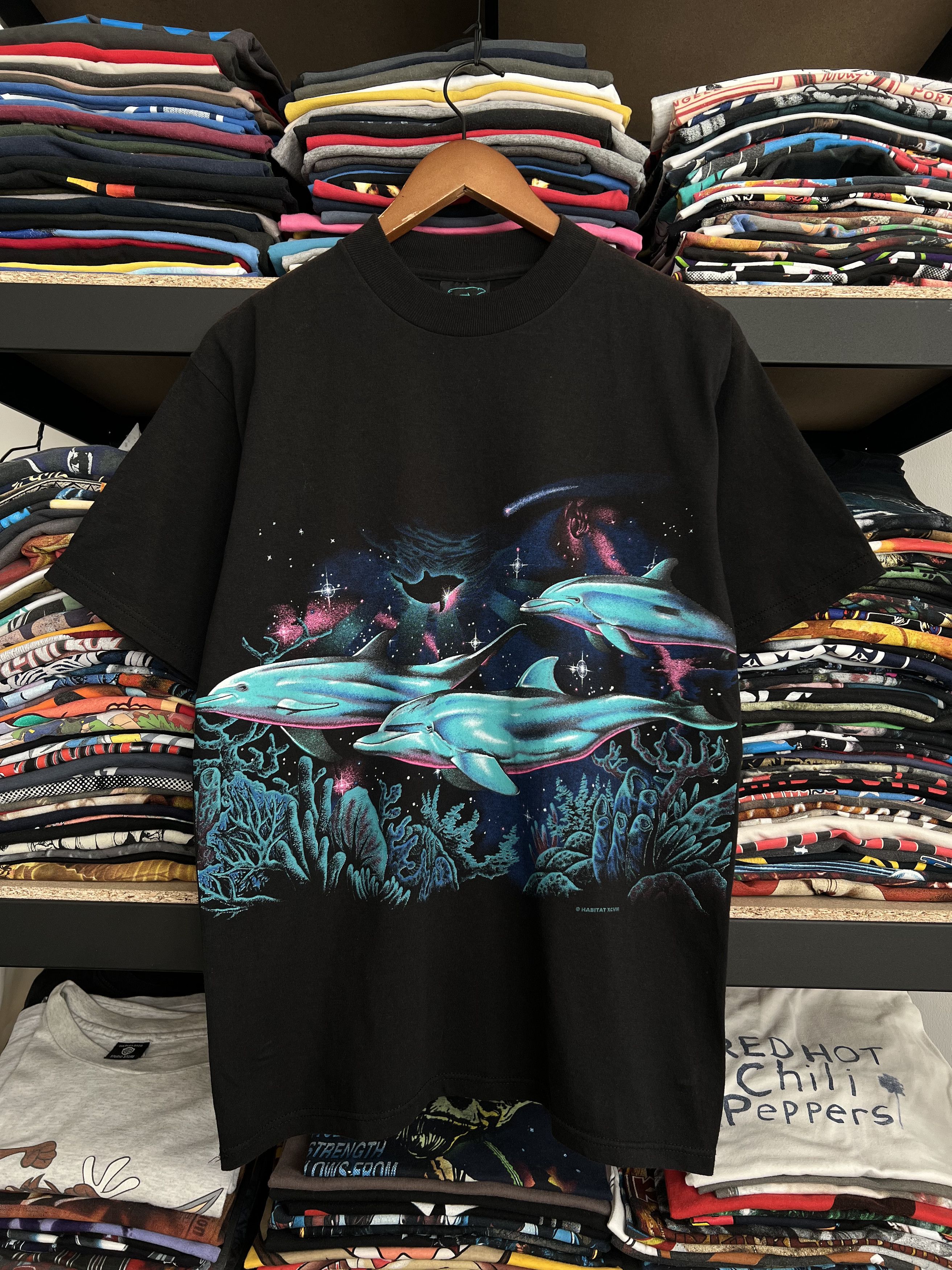 Vintage 90s Habitat Xciii Dolphin Sea Ocean Animal Black Tee