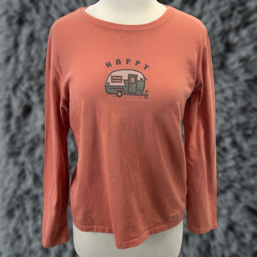 Is Good Life Is Good Women S T Shirt Orange Happy Camper V Neck Long Sleeve Relaxed Fit Size M