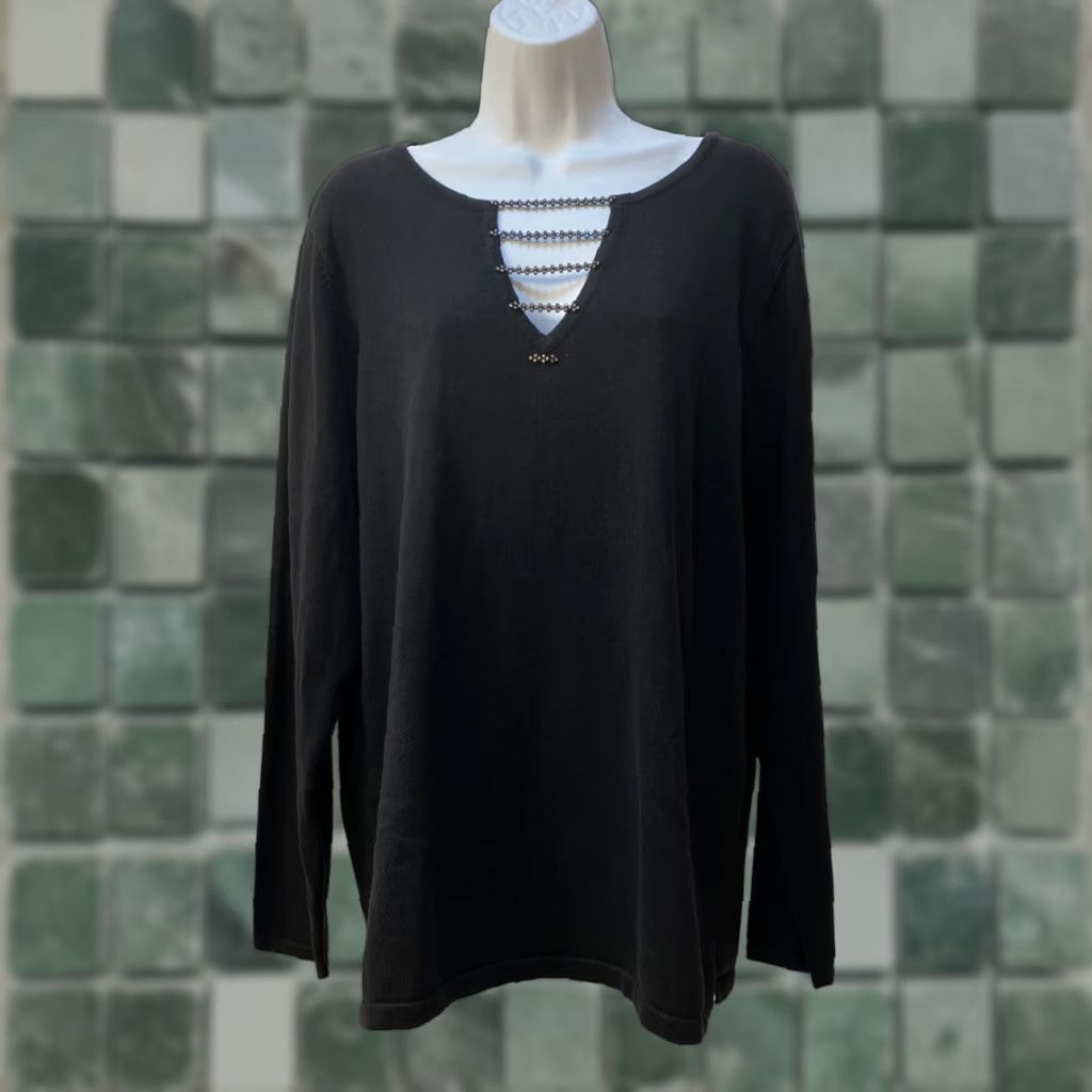 Factory Quacker Factory Women S Black Long Sleeve Sweater With Rhinestones Size L 100 Cotton