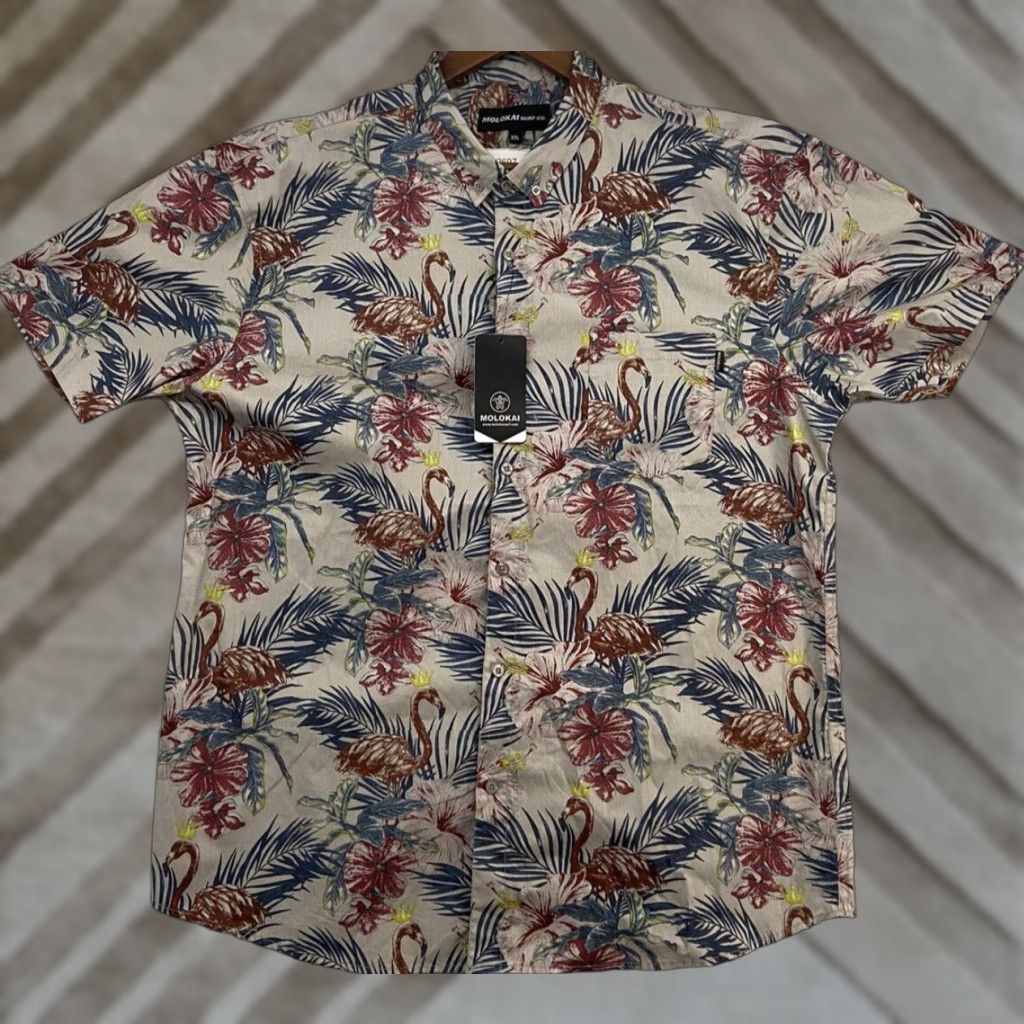 Co Vintage Molokai Surf Co Hawaiian Shirt Men Xxl Tropical Palm Leaves Crab Floral Flamingos Short S