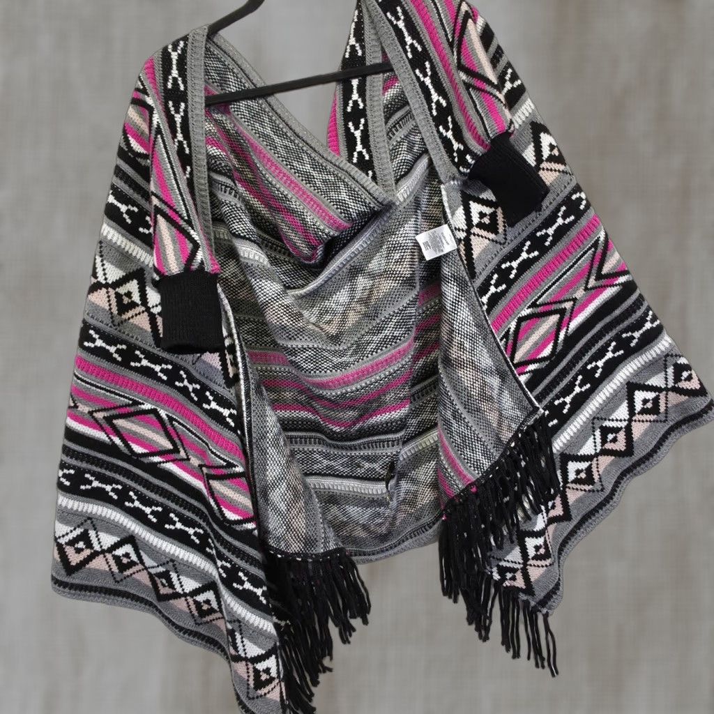 Vintage Threads By Nina Poncho Cardigan Womens Os Geometric Fringe Western Aztec Kimono Shirt