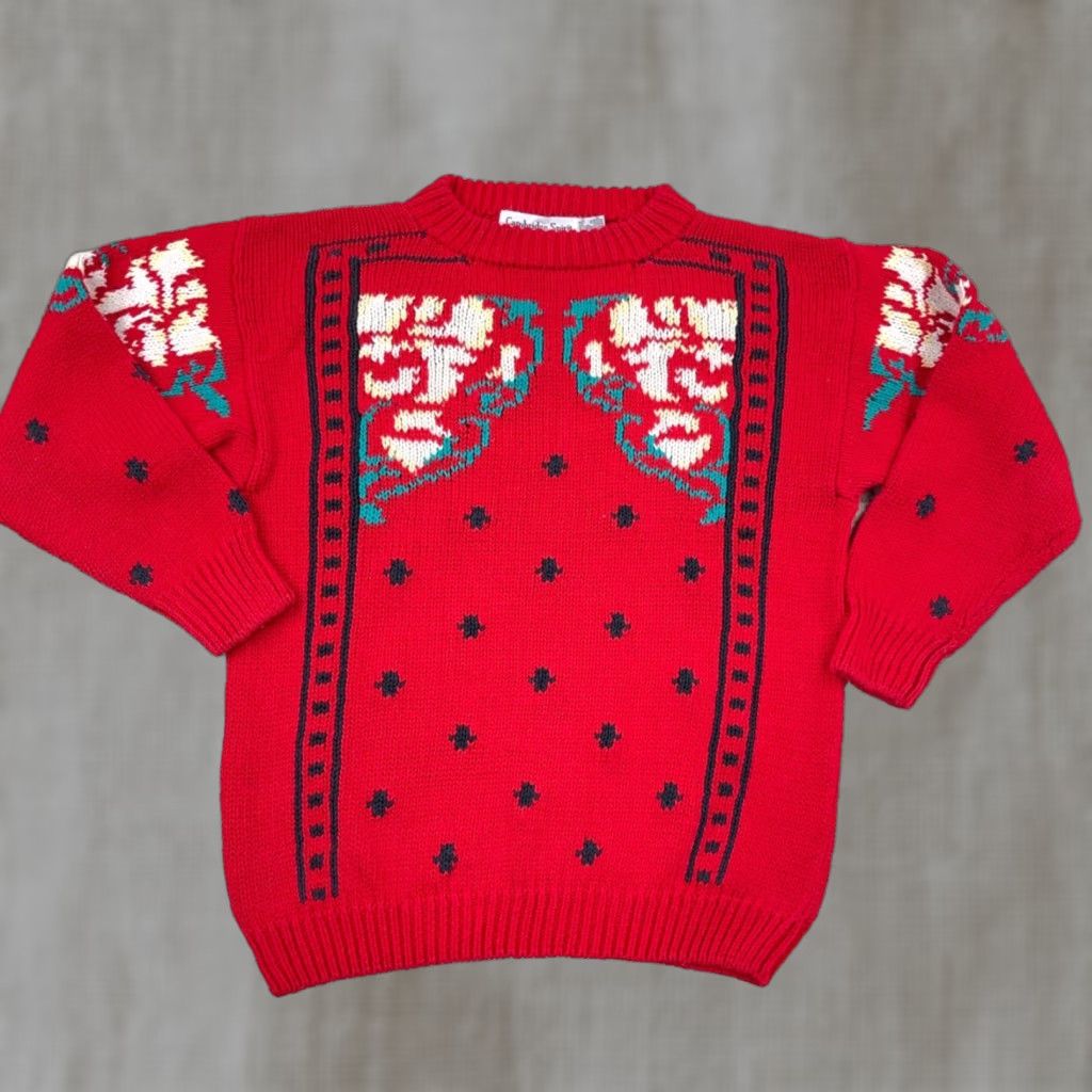 Espirit Vintage Cambridge Spirit Sweater Women M Red Crew Neck Knit 90s Christmas Graphic Pullover L