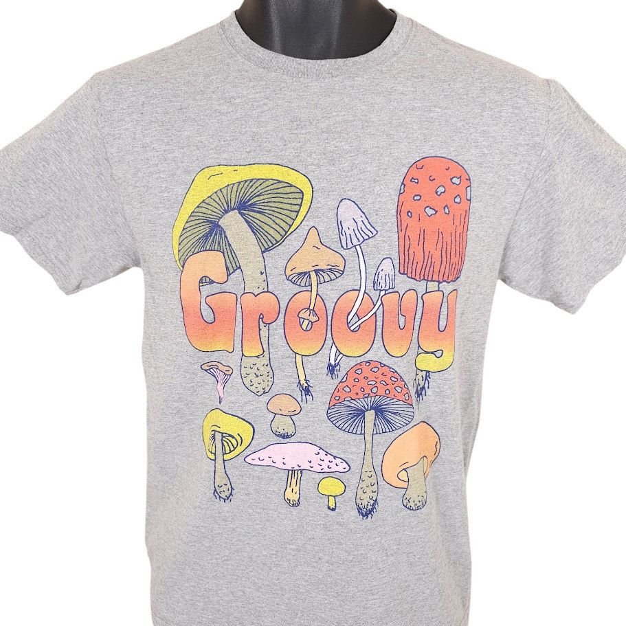 Gildan Mushrooms T Shirt Mens Size Small Gray Groovy Fungi