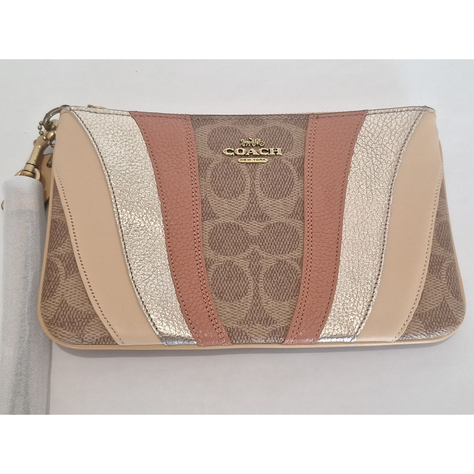 Coach Signature Colorblock Wristlet 71484 Tan Metallic Nwt