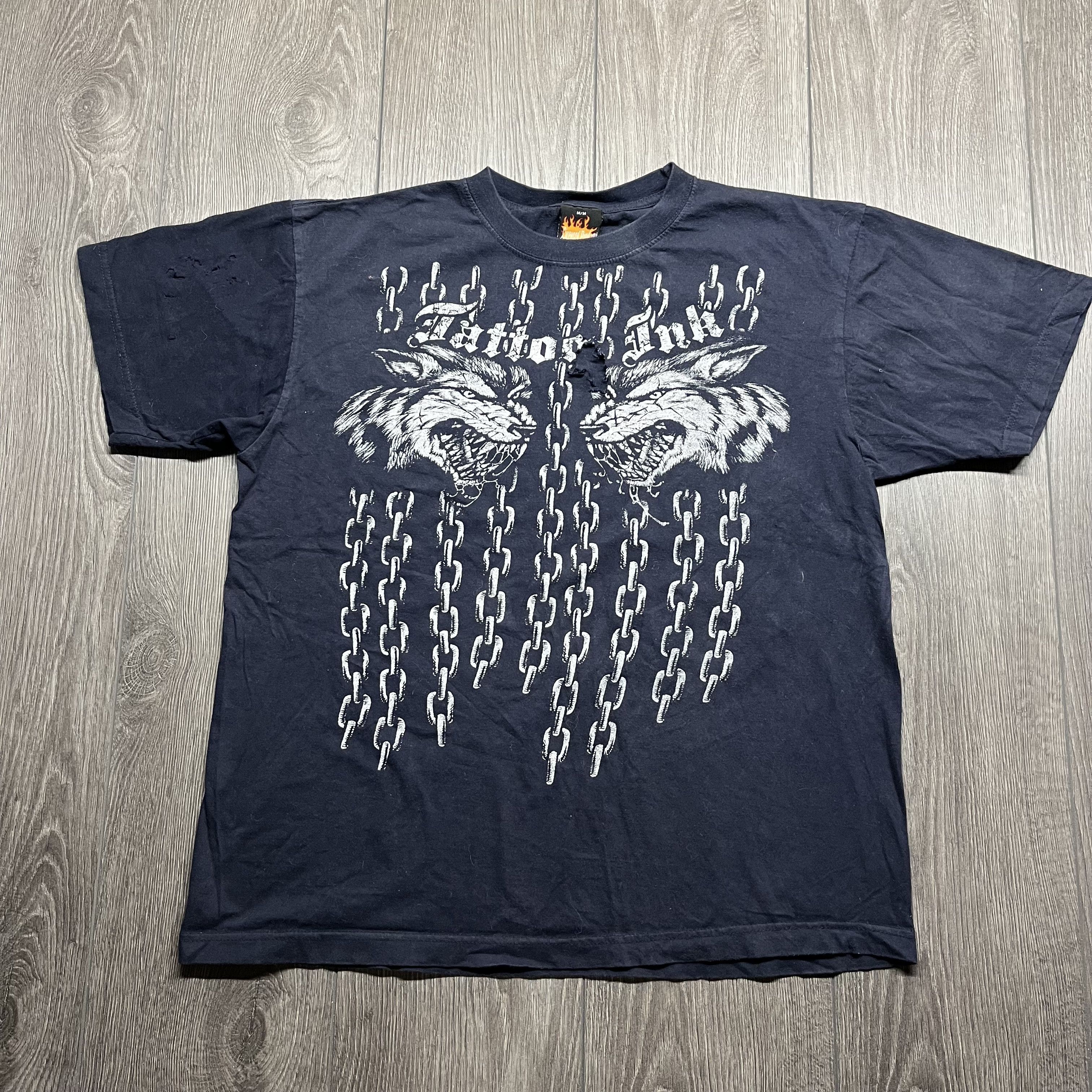 Vintage Tattoo Ink Y2k Chains Wolf T Shirt Blue Medium Hoodie, Sweatshirt | FlexRushtees.com