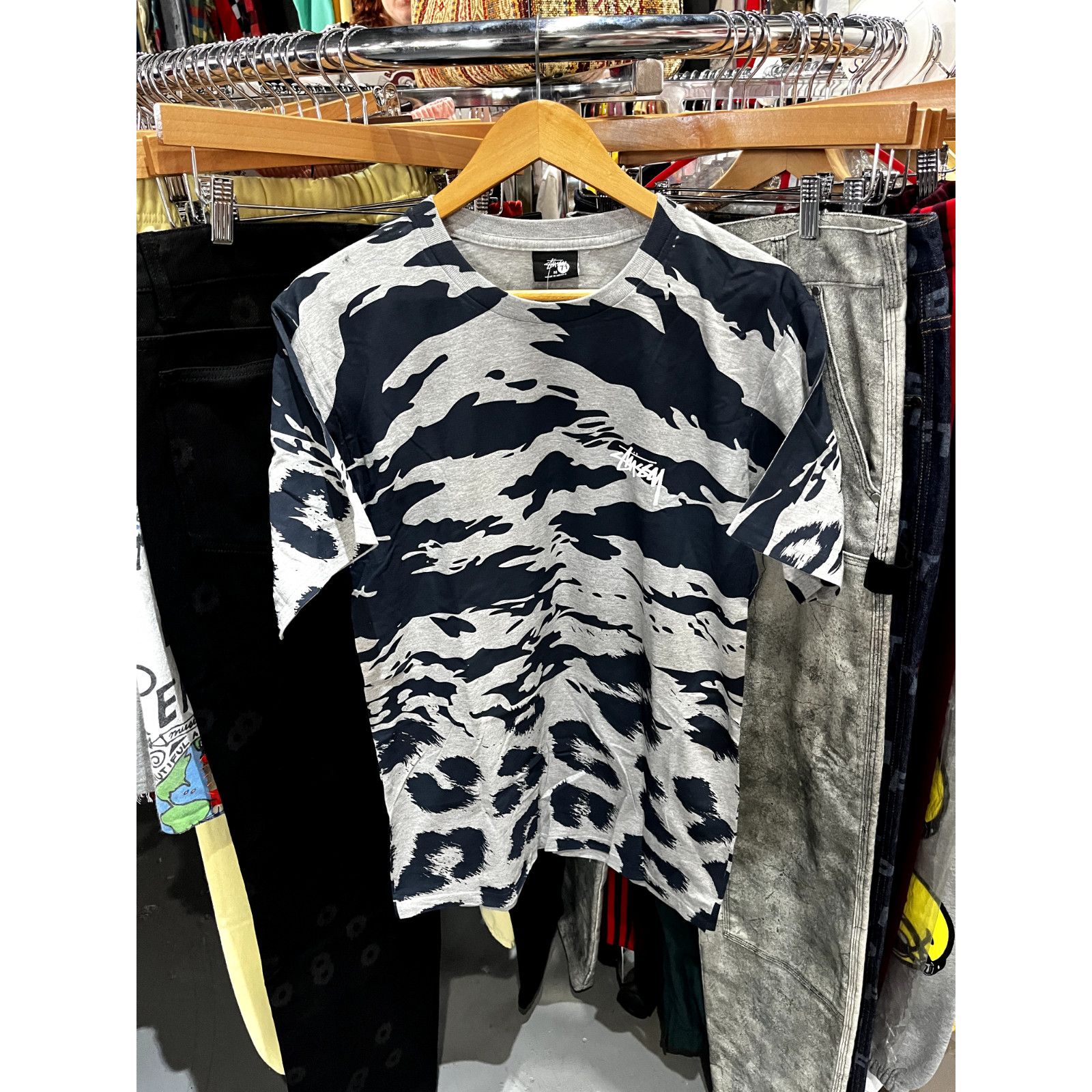 Vtg Stussy Grey Navy Jungle Offering T Shirt Size Medium Nwt Hoodie, Sweatshirt | FlexRushtees.com