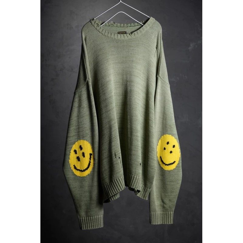 Kapital Smiley Patch Knit Distressed Sweatshirt Crewneck T-Shirts, Hoodie | FlexRushtees.com