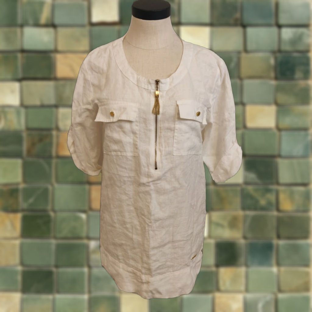 Tracy Ellen Tracy Blouse White Linen Quarter Zip Half Sleeve Women S Size S Small