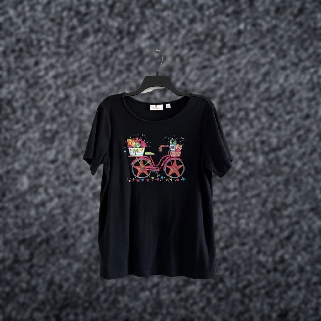 Factory Quacker Factory Summer Bikes T Shirt Short Sleeve Knit Black Embroidered Women M