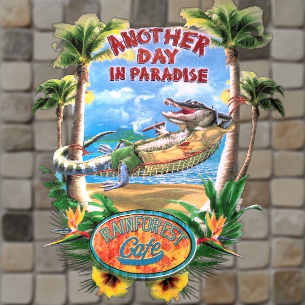 Paradise Vintage Rainforest Cafe Shirt S Green Croc In Hammock Graphic T Shirt Men Small Beach Tropi