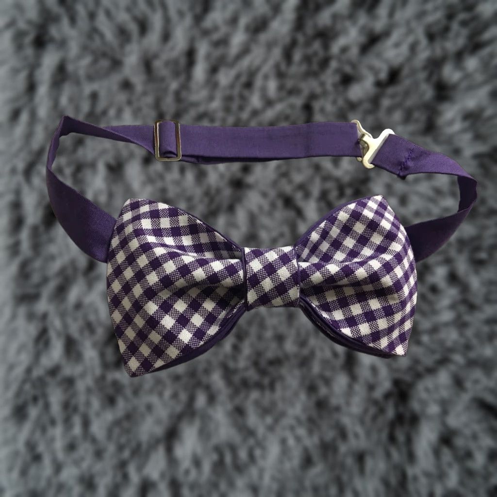 Vintage Custom Mens Purple White Gingham Check Bow Tie Pre Tied Adjustable Handmade
