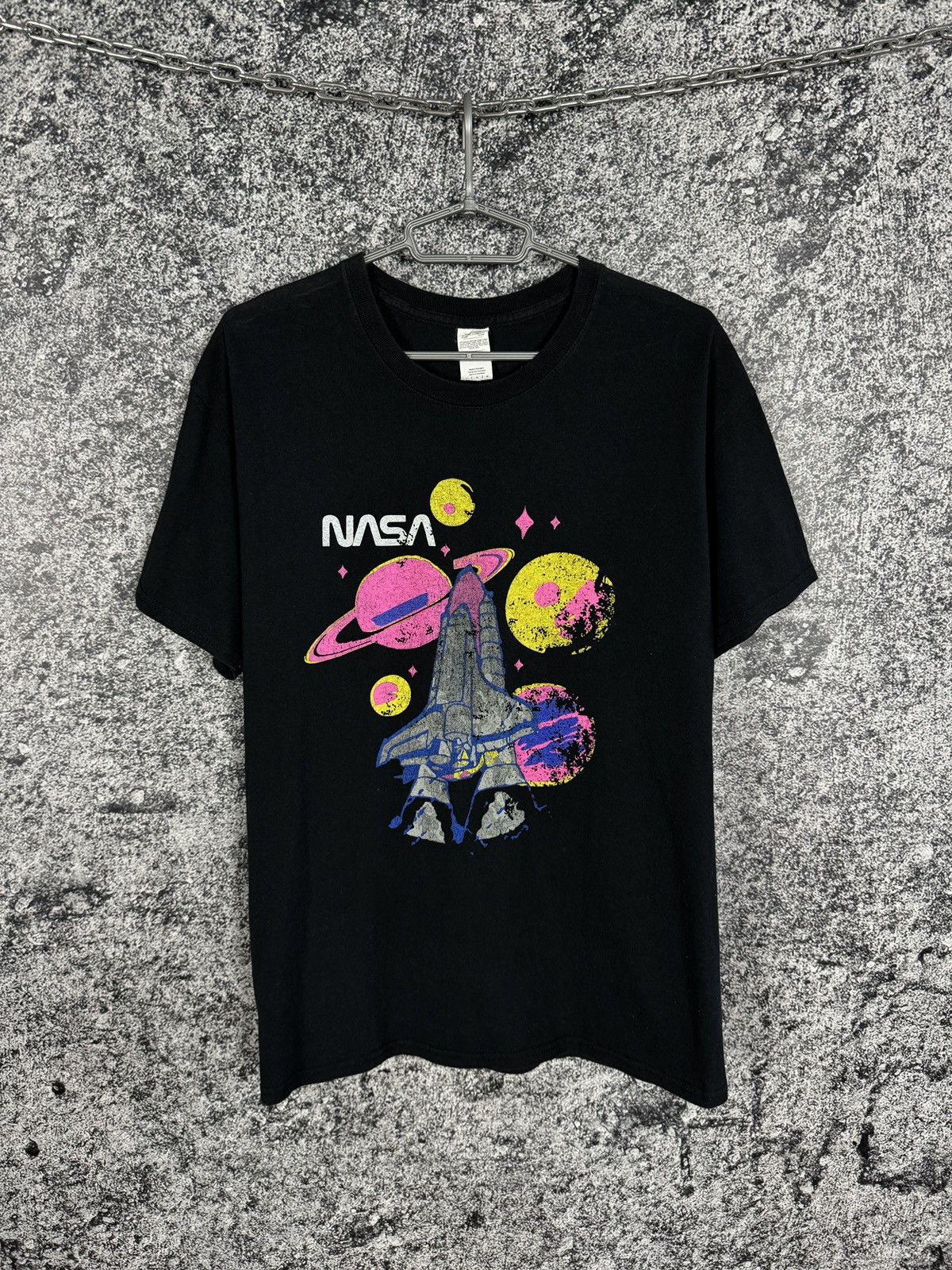 Nasa Space Shuttle Graphic T Shirt Retro Neon Planets Size L