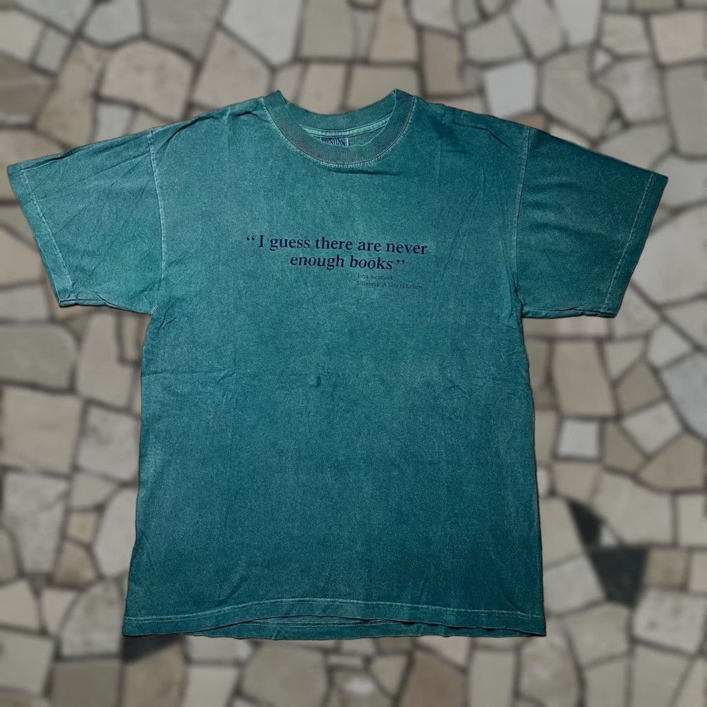 Vintage John Steinbeck Never Enough Books T Shirt Mens L Green Cotton Knit Crew Neck Short S
