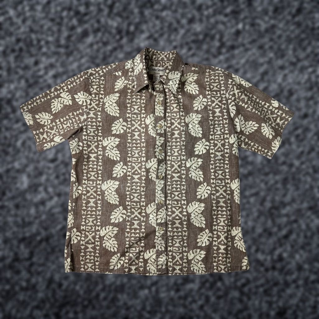 Vintage Cooke Street Honolulu Reverse Print Aloha Shirt M Men Brown Floral Barkcloth Hawaiian Tropic