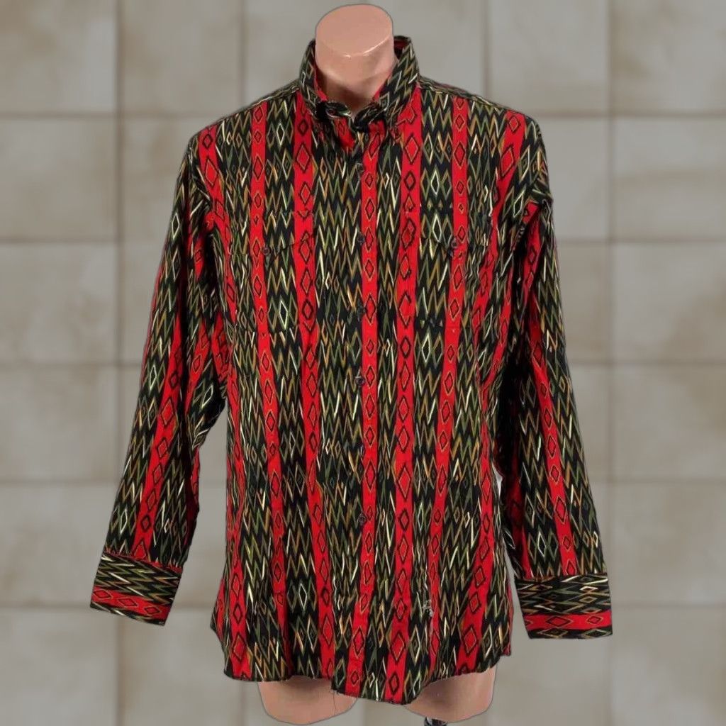 Vintage Panhandle Slim Usa Diamond Aztec Red Western Shirt 17x36 Long Sleeve
