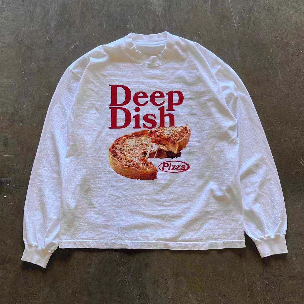 Vintage White Washed Retro Casual Pizza Print Long Sleeved T Shirt
