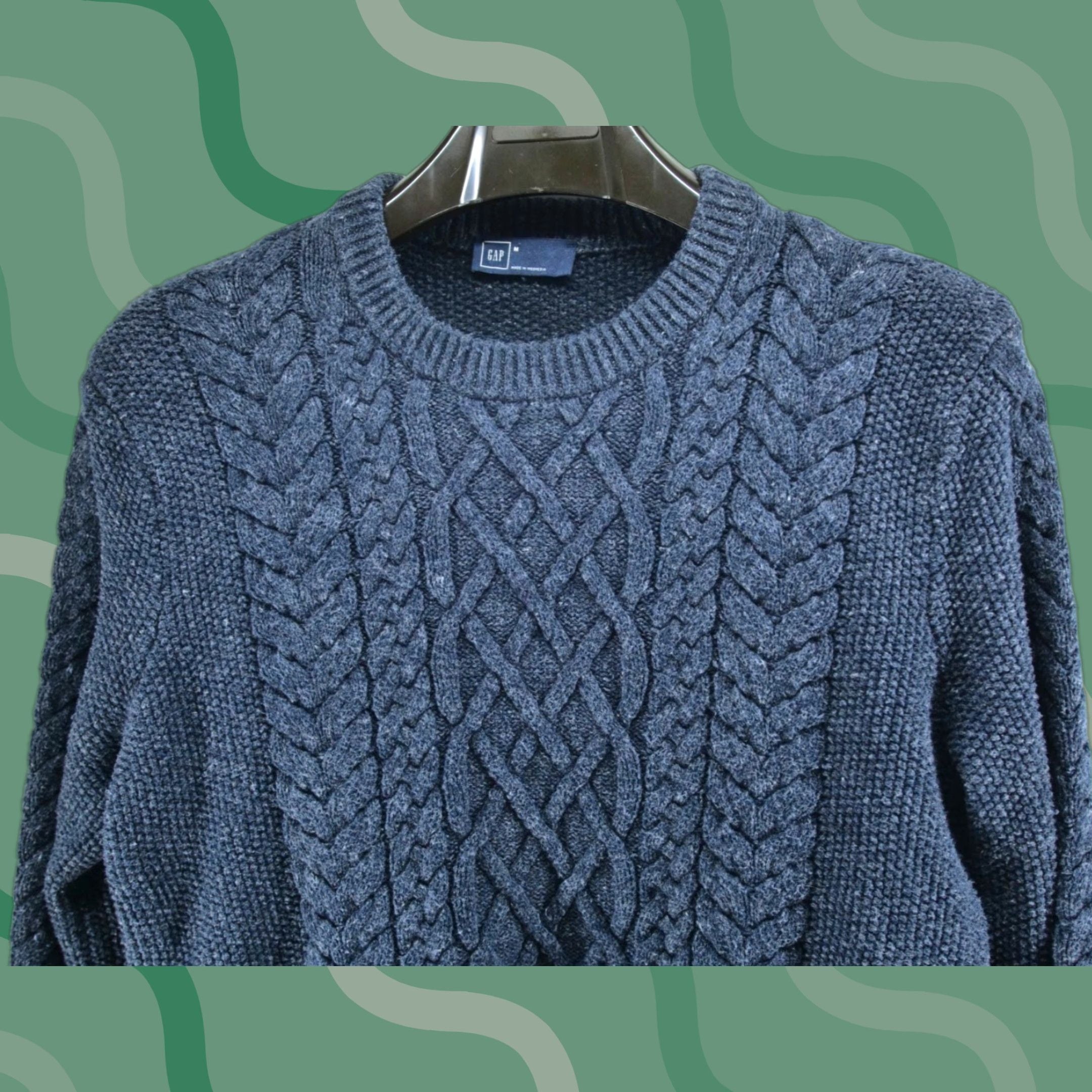 Vintage Gap Sweater Men Blue Chunky 3d Cable Knit Crewneck Fisherman Sweatshirt Pullover Regular