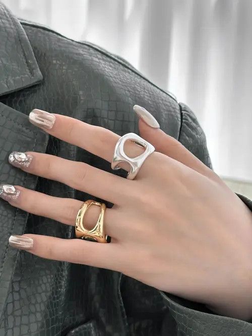 Jewelry Liquid Metal Chunky Hollow Open Adjustable Set Of Rings