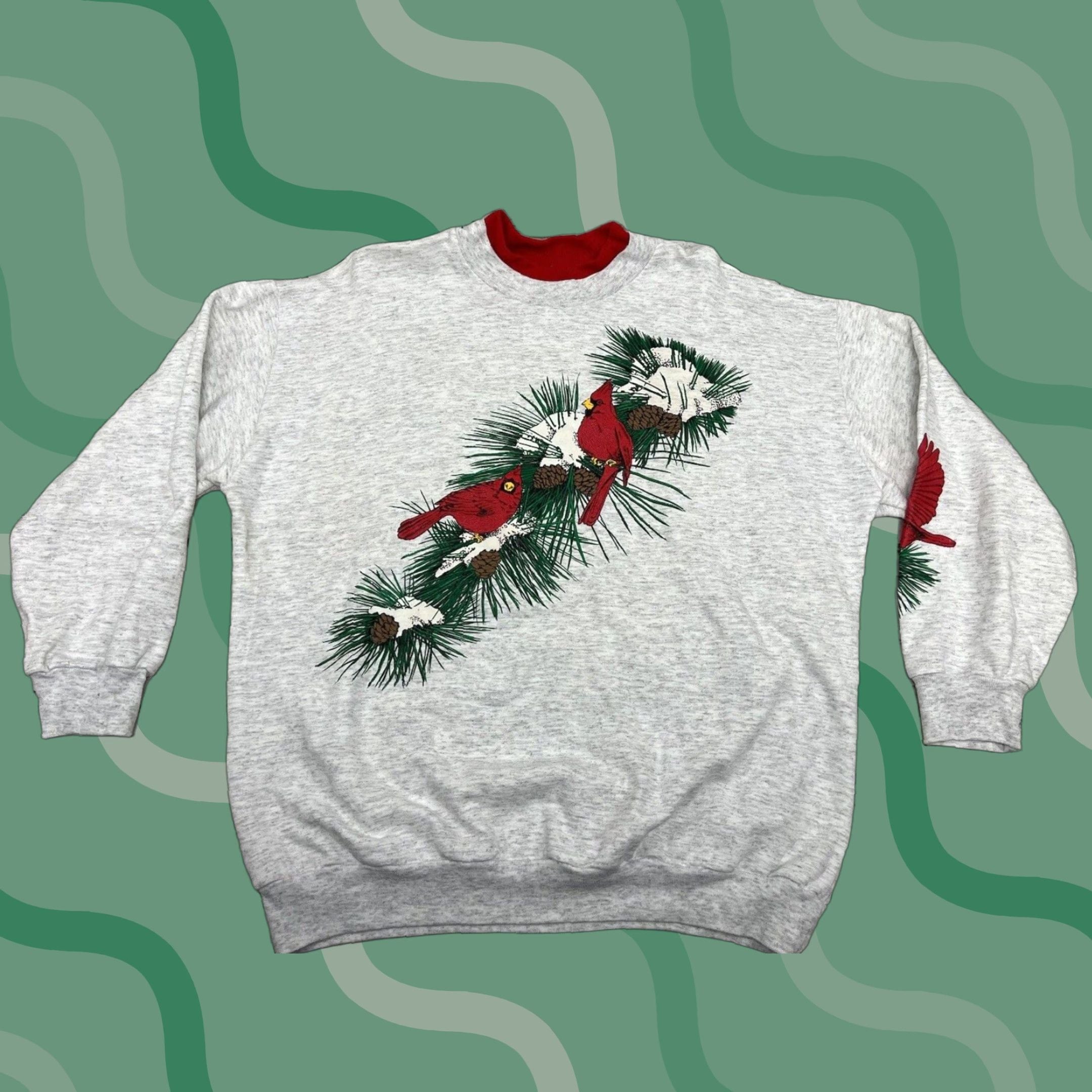 Vintage Unbranded Gray Crewneck Sweatshirt Winter Cardinal Birds 1980s Large Womens T-Shirts, Hoodie | FlexRushtees.com