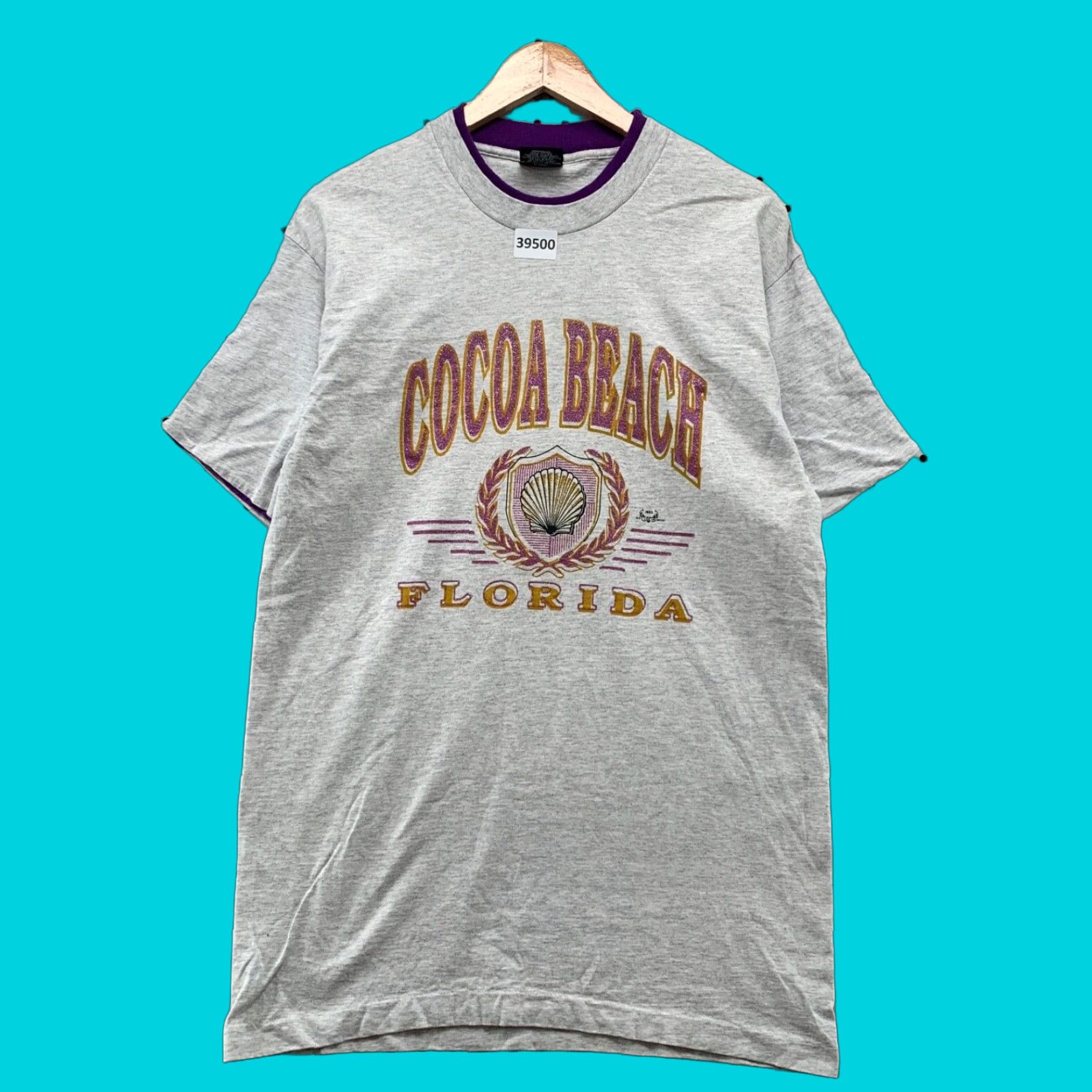 Vintage Cocoa Beach Florida Shirt Mens L Purple 90s Usa Graphic Print Crew Neck Short Sleeve