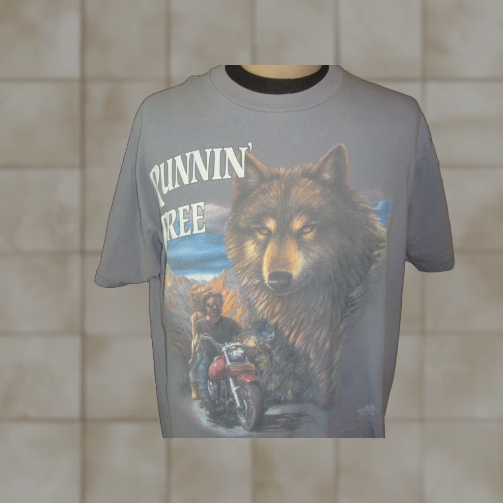 Vintage 90s 3d Emblem Runnin Free Motorcycle Biker T Shirt Xl Men Gray Short Sleeve Cotton R Hoodie, Sweatshirt