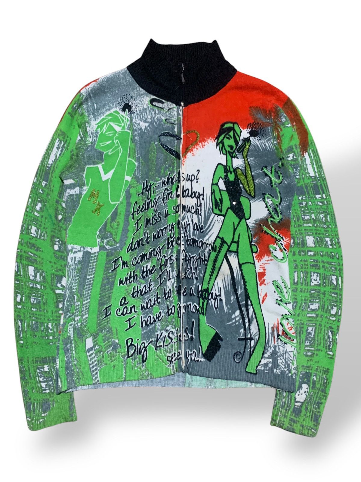 Barcelona 1990s Custo Barcelona Full Print Knit Zip Sweater Love Chat