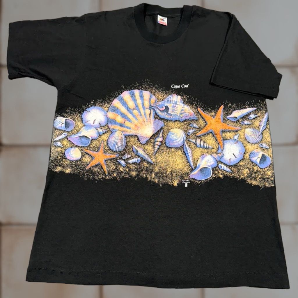 Fruit Of The Loom Vintage Fruit Of The Loom Cape Cod Shirt Men L Black Beach Sea Shells Aop Nature M